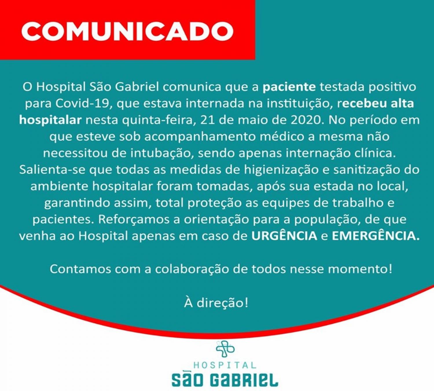 Ametista do Sul: Paciente internada com Covid-19 no Hospital São Gabriel recebe alta