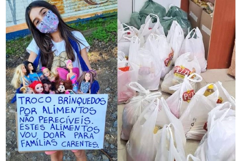 Menina troca 200 brinquedos por alimentos para famílias carentes